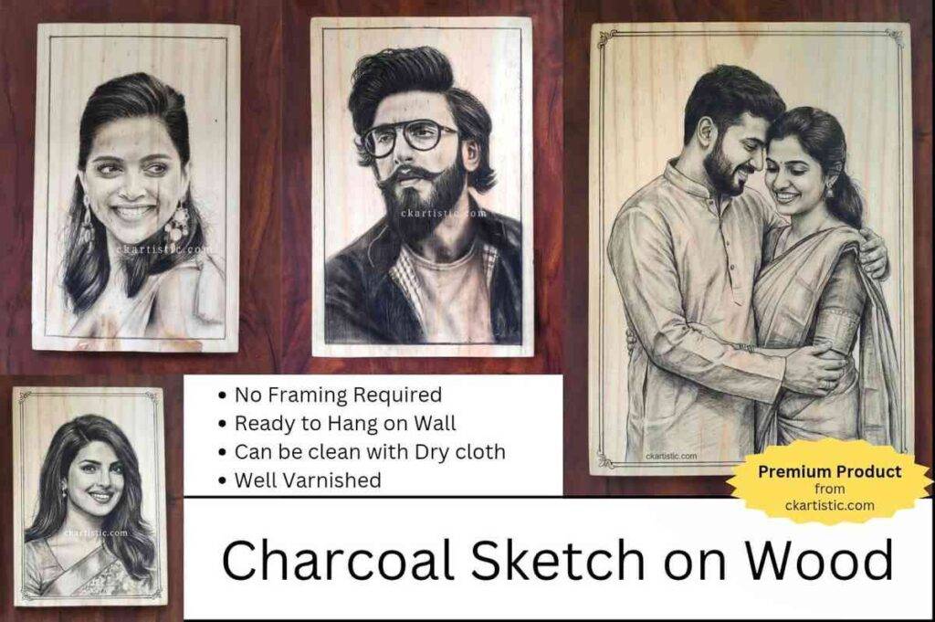 charcoal sketch on wood